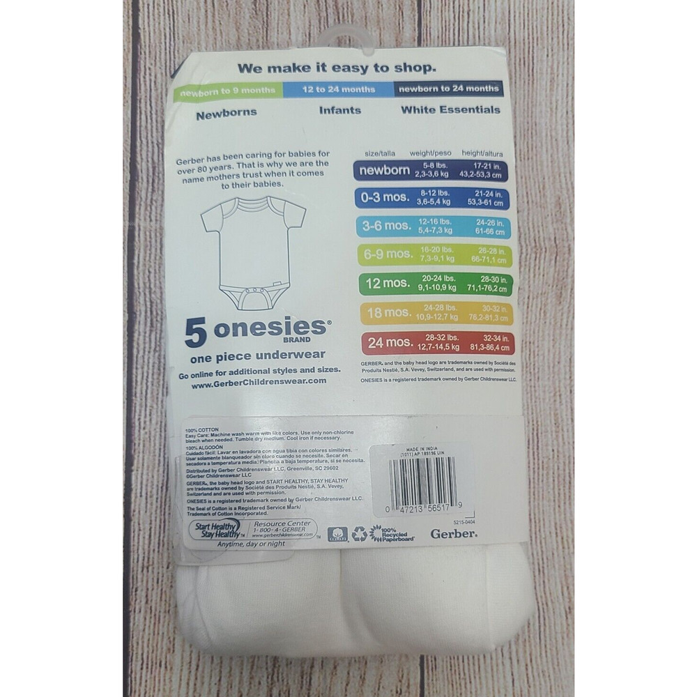 Gerber Brand Onesies 5pk One Piece Underwear Baby 3-6 Months White Cotton New - Picture 5 of 7